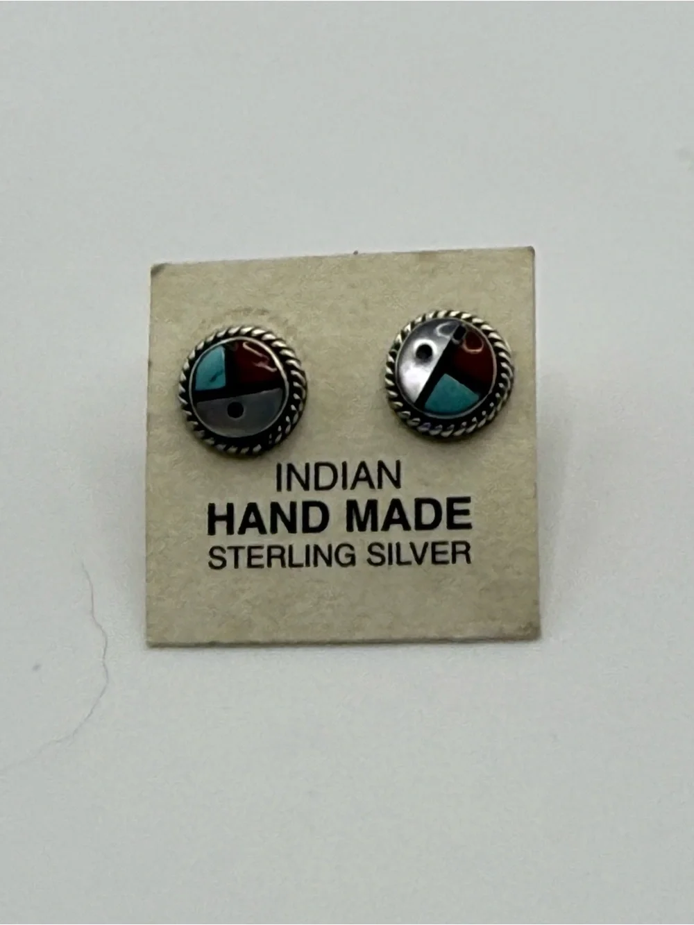 Zuni Inlay Turquoise and Red Circle Stud Earrings - Women Jewelry